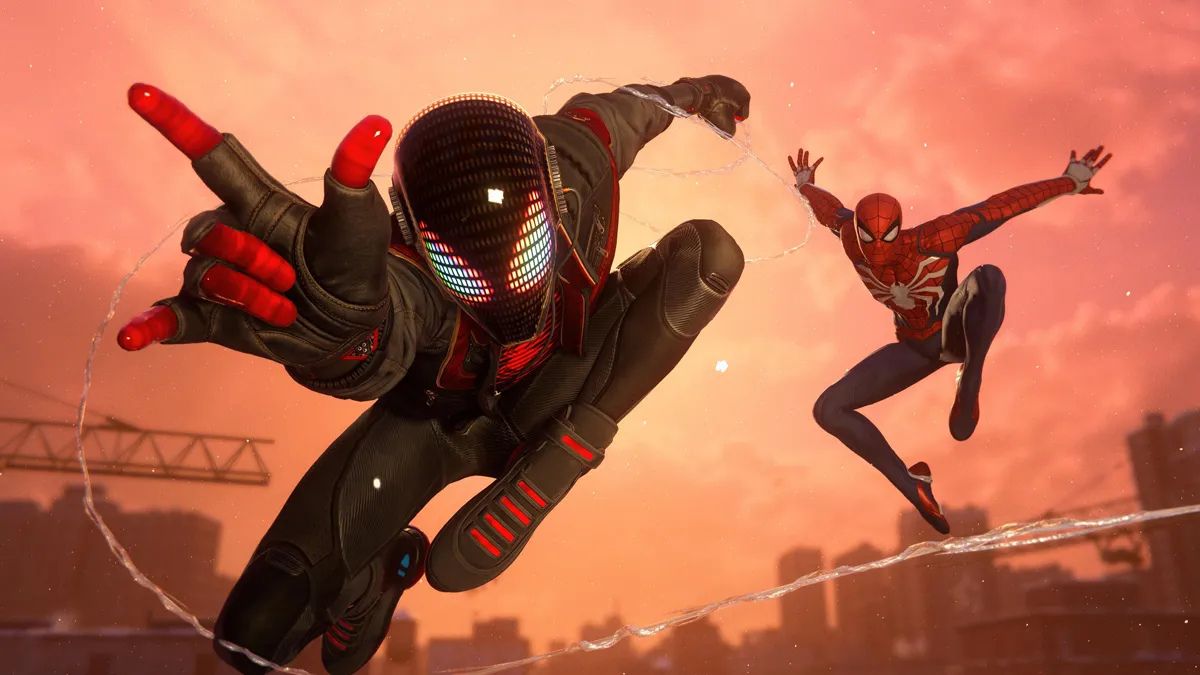 Two Spidermen swing around for a featured image of the top 6 best Spider-Man games.