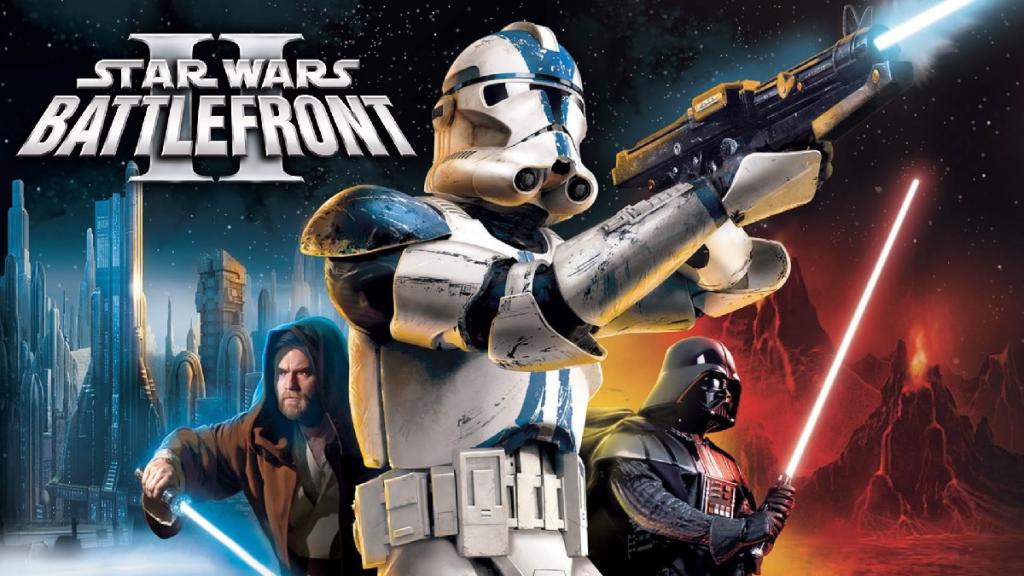 Cover of Star Wars Battlefront 2 (2005) featuring a clone trooper, Obi Wan Kenobi, and Darth Vader, with a futuristic city and a volcano in the background.