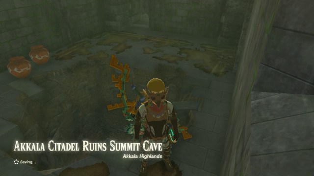 Link at Akkala Citadel Ruins Summit Cave in The Legend of Zelda: Tears of the Kingdom.