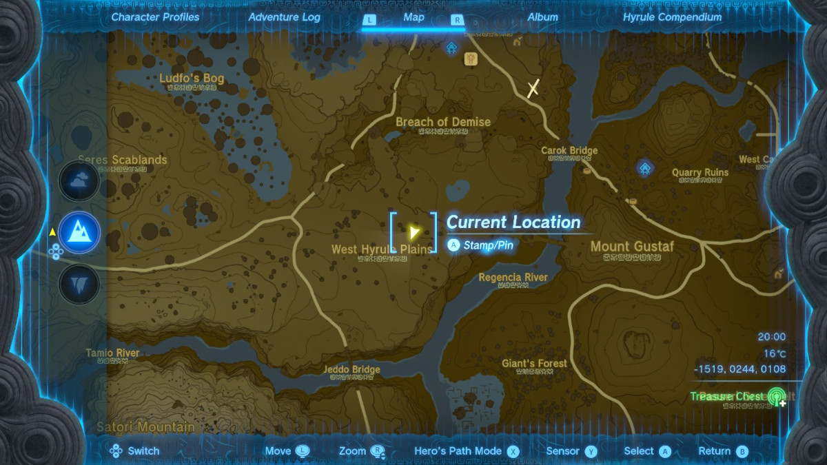 A map of Hyrule, in the southeast of the Tabantha region. The current location is next to West Hyrule Plains.