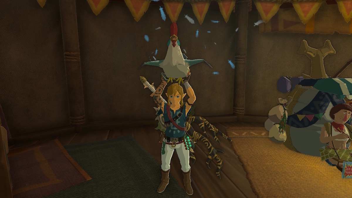 Link holding Cucco in Riverside Stable in The Legend of Zelda: Tears of the Kingdom.