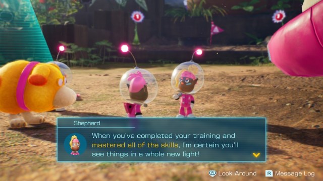 Playable character speaking to Shepherd in Pikmin 4.