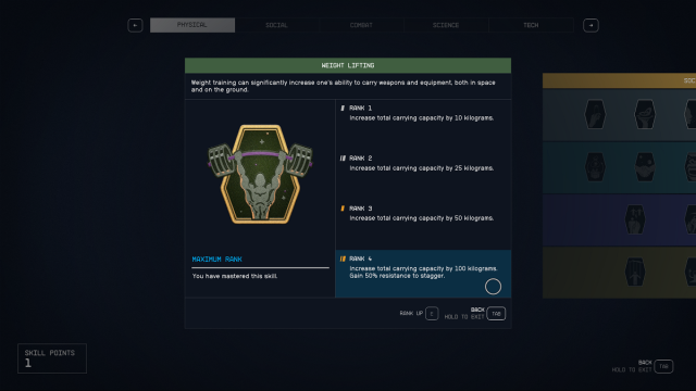 Starfield how to increase carry capacity via weight lifting skill