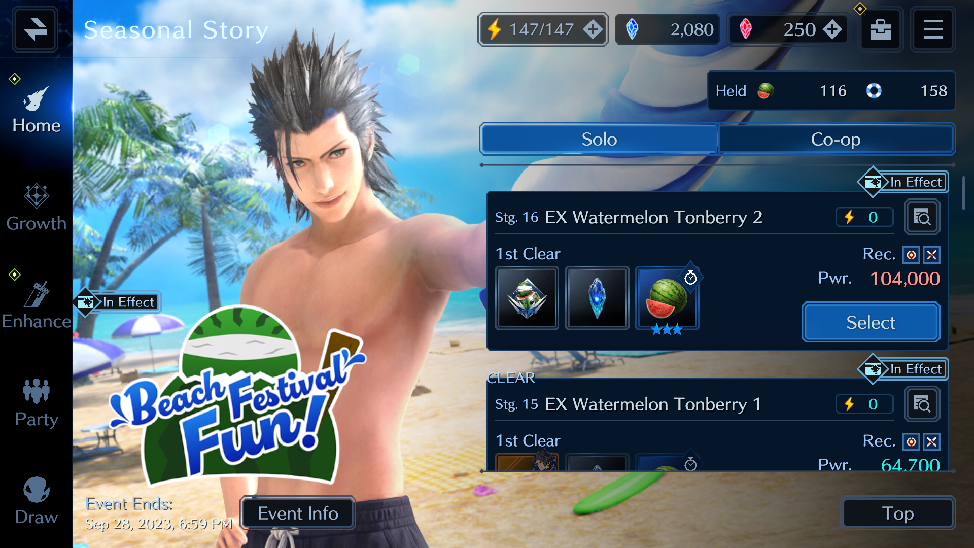 Should you do Solo or Co-op missions for the Watermelon Tonberry encounter during the Beach Festival event?