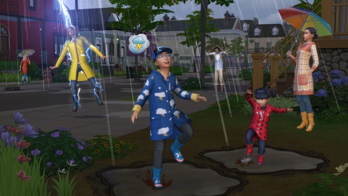 Lightning strikes a sim after the player enables weather cheat codes on The Sims 4. 