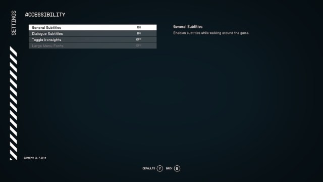 Accessibility options in Starfield.
