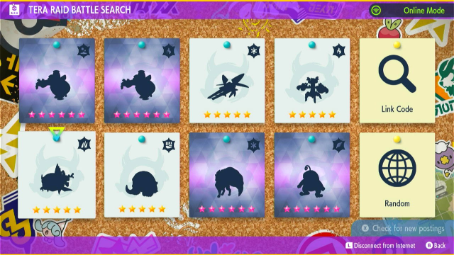 A screenshot of Pokémon Scarlet and Violet Tera Raid window showing eight Pokémon available to fight in online Tera Raids.