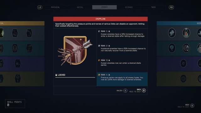 Rank 4 Crippling skill in Starfield.
