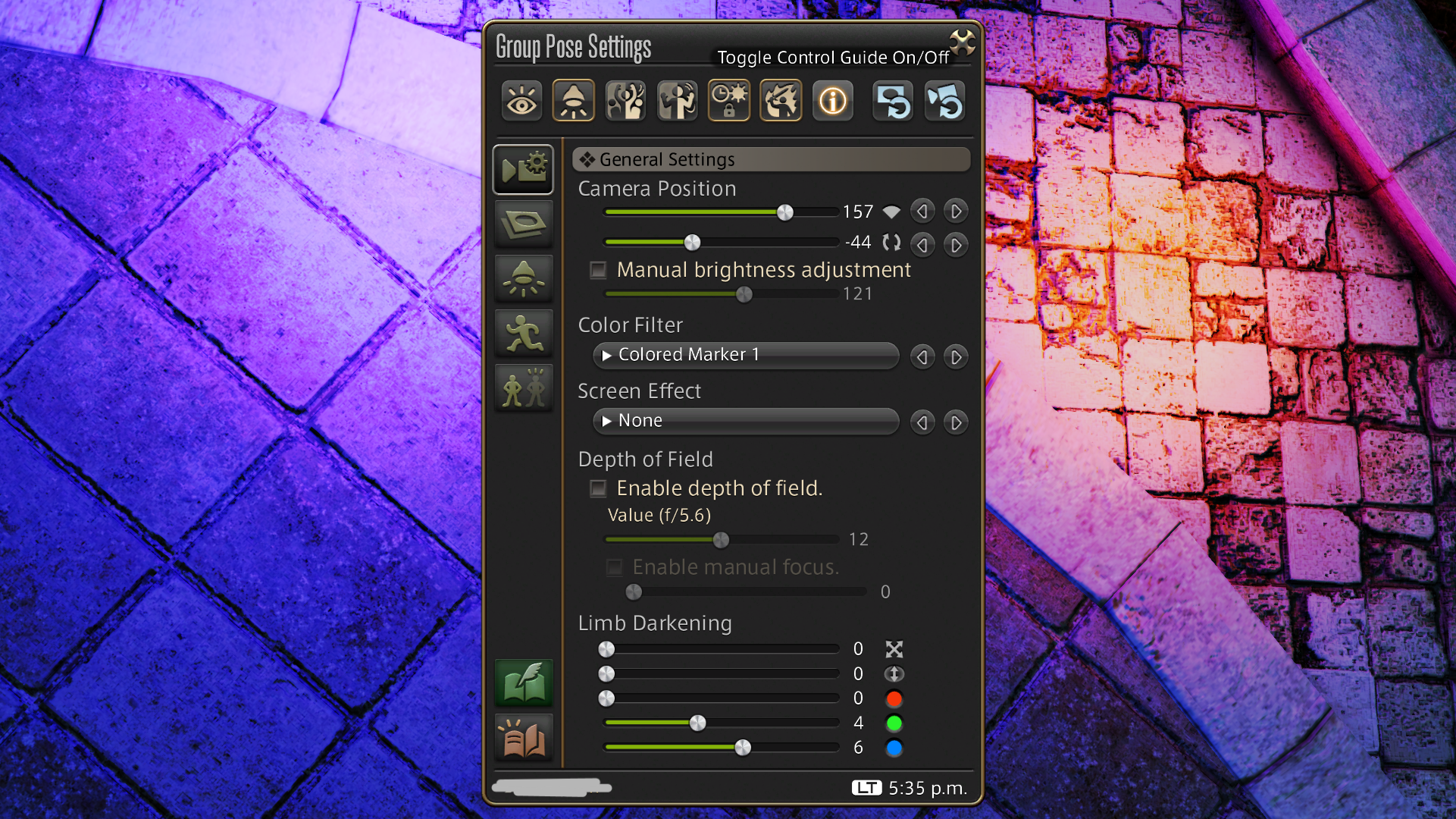 The FFXIV Gpose settings, accessed by the in-game menu while using the screenshot tool