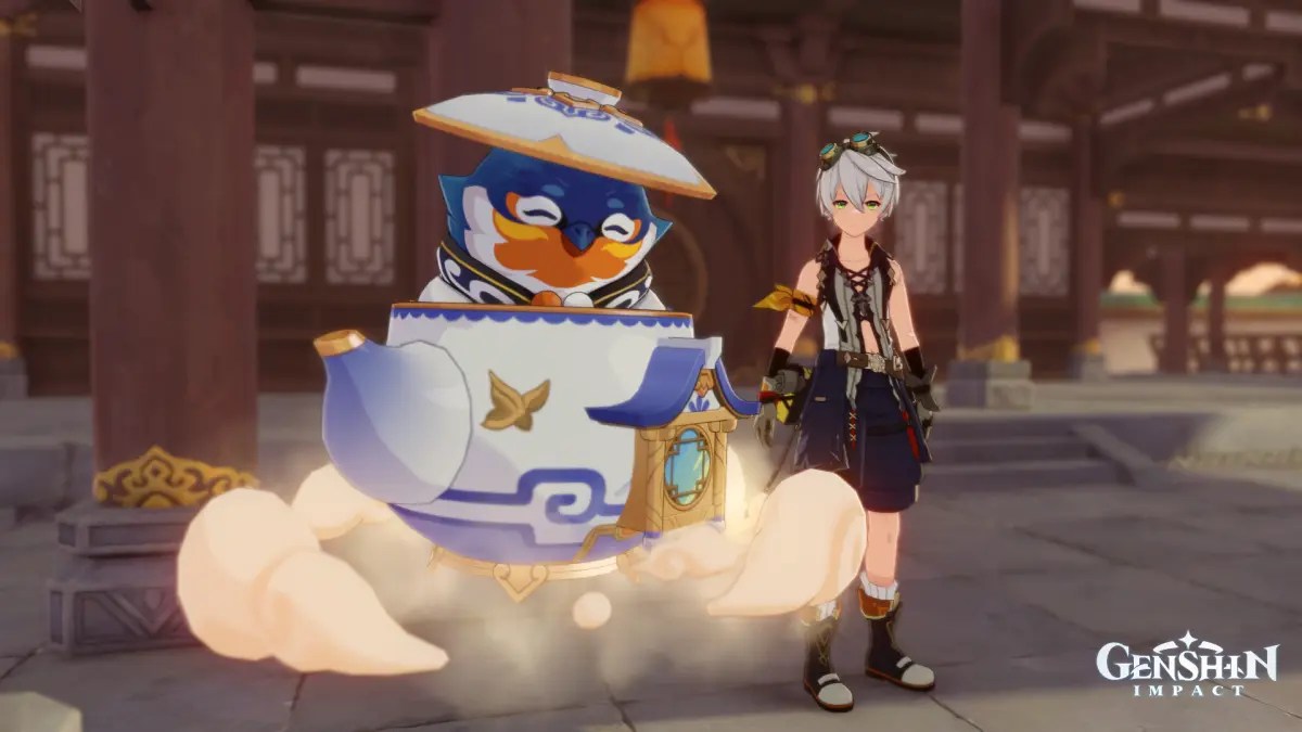 Genshin Impact character Bennett standing next to Tubby in the Serenitea Pot