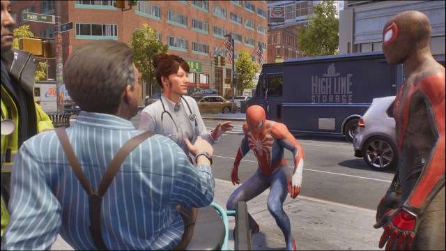 JJJ, Miles Morales, and Peter Parker in Spider-Man 2.