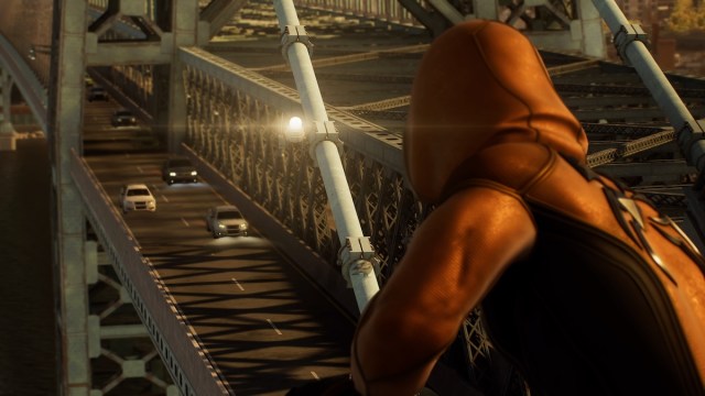 Spider-Man looking over bridge in Spider-Man 2.