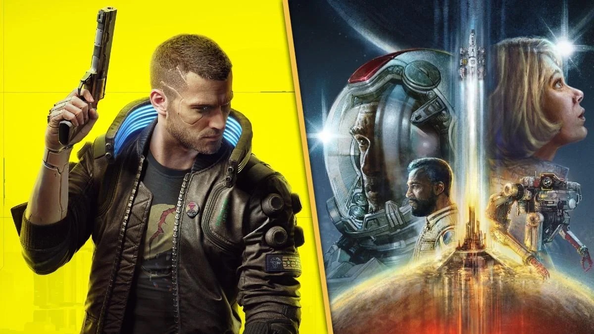 Split image showing V from Cyberpunk 2077 on the left and the Starfield artwork on the right.