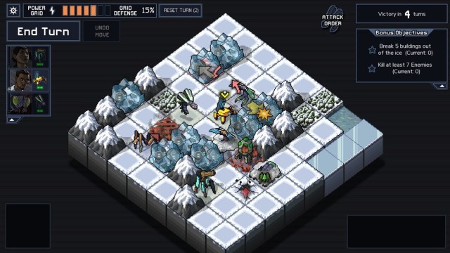 A screenshot of one of the combat puzzles from Into The Breach.