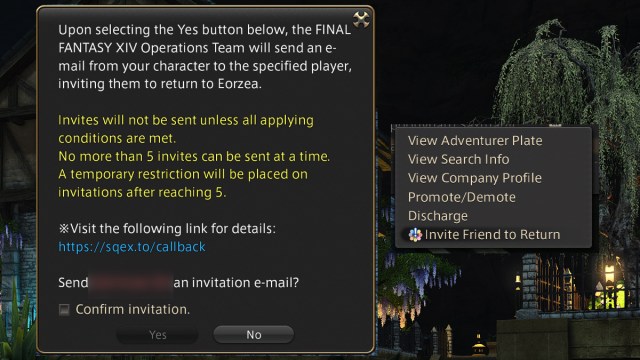 The Final Fantasy XIV (FFXIV) Callback Campaign screen menu from the in the game. You can invite up to five friends at once to return to the game