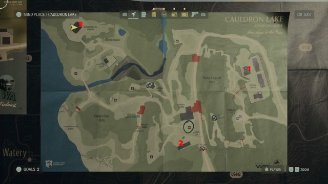 Deer head locations at Cauldron Lake in Alan Wake 2.