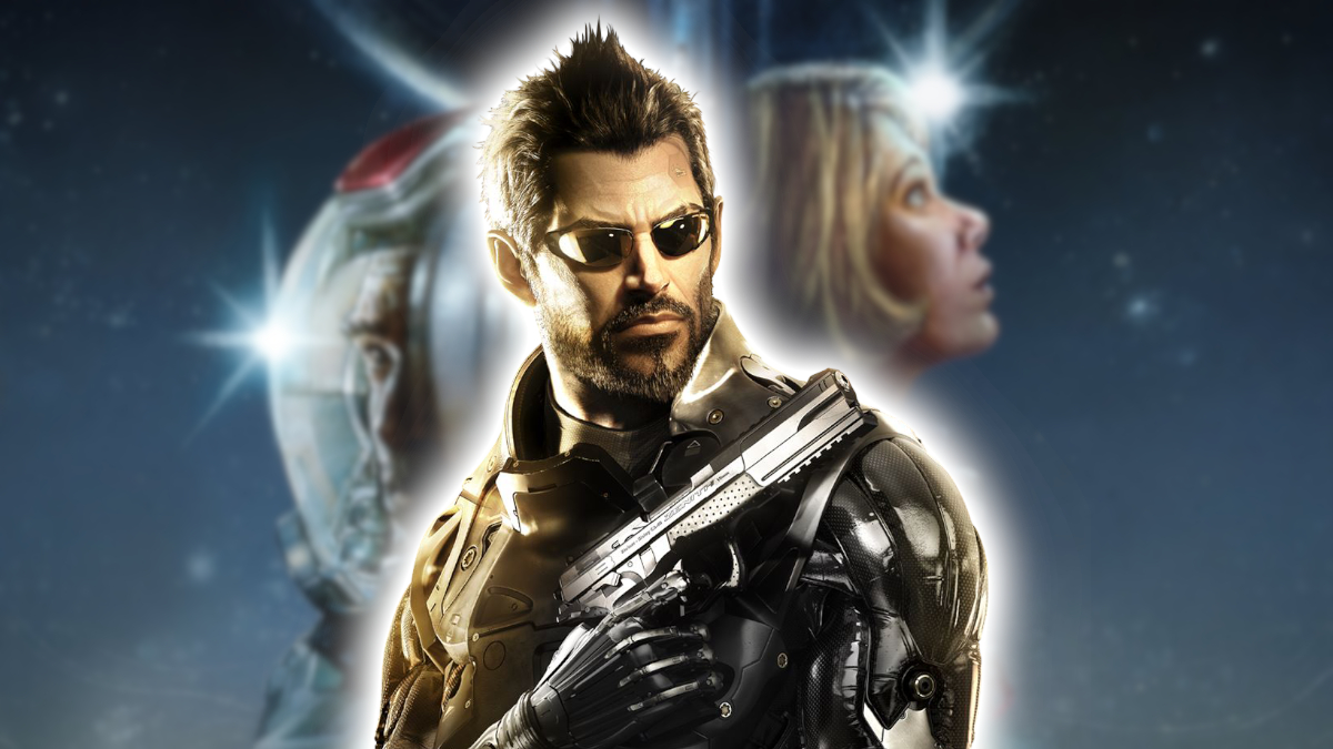 Starfield: Adam Jensen on a space-like background.