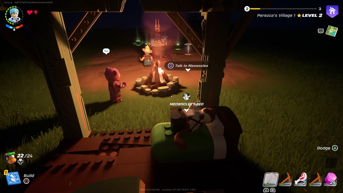 Sleeping in the LEGO Fortnite mode during night, there are a few players gathered around a fire, along with a bed and small shelter