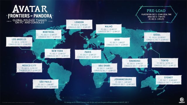 the launch times for avatar frontiers of pandora around the world