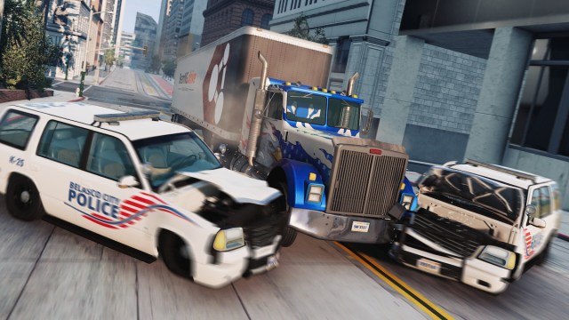 a truck crashing through police cars in BeamNG.drive