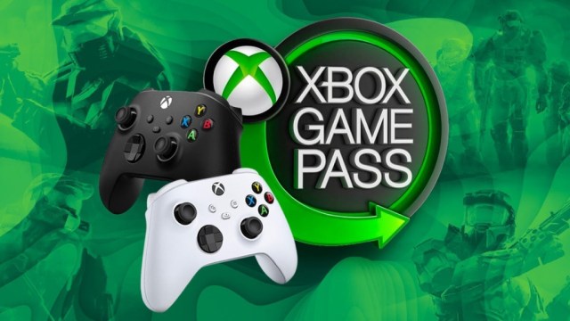 Xbox Game Pass logo and a white and a black controller, all on a green background.