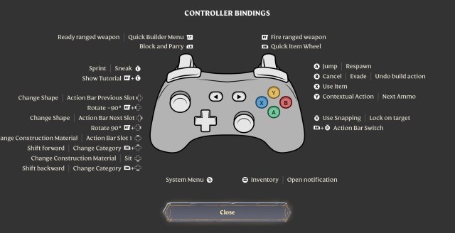 The Controller Bindings window in Enshrouded