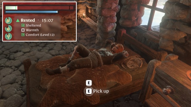 An Enshrouded player charging their Rested Buff through sleeping on a bed, inside of a shelter, with a Comfort Level 12. 