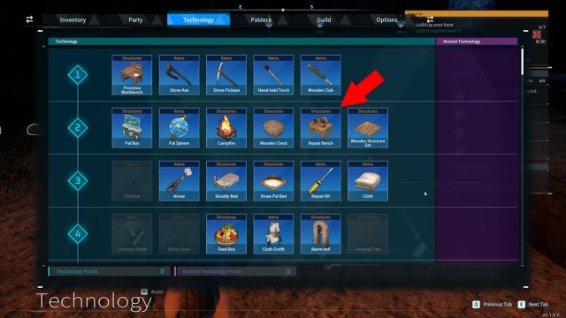 How to repair tools and structures in Palworld repair bench in menu