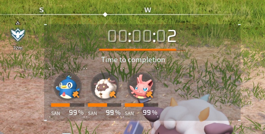 The sanity meter as it depletes on three Pals working in Palworld