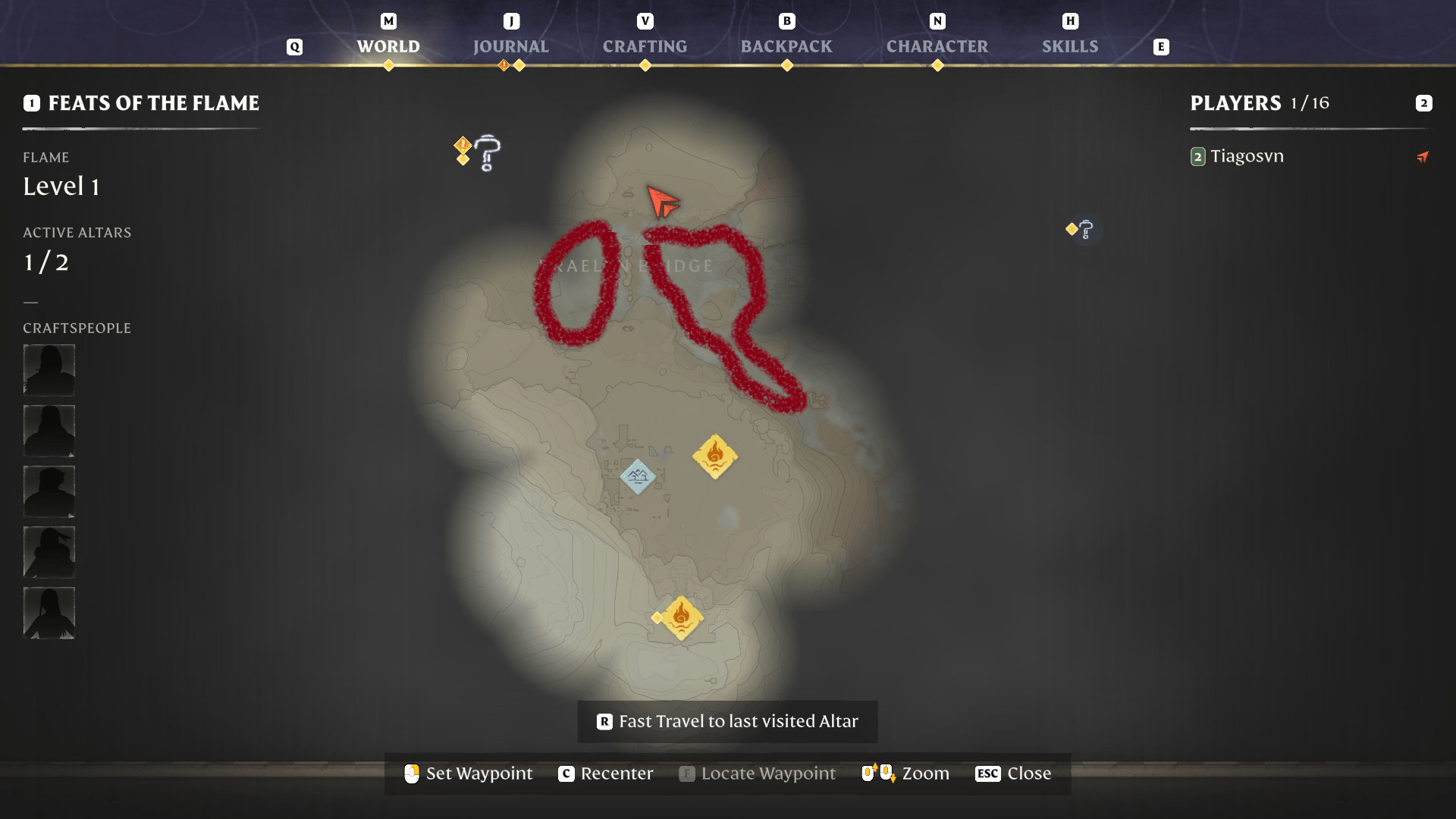 The Enshrouded world map, with locations to find Shroud Liquid circled near Braelyn Bridge