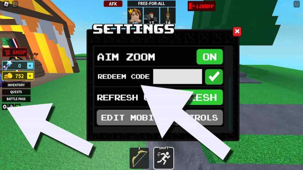 How to redeem codes in Bow Battle Arena.