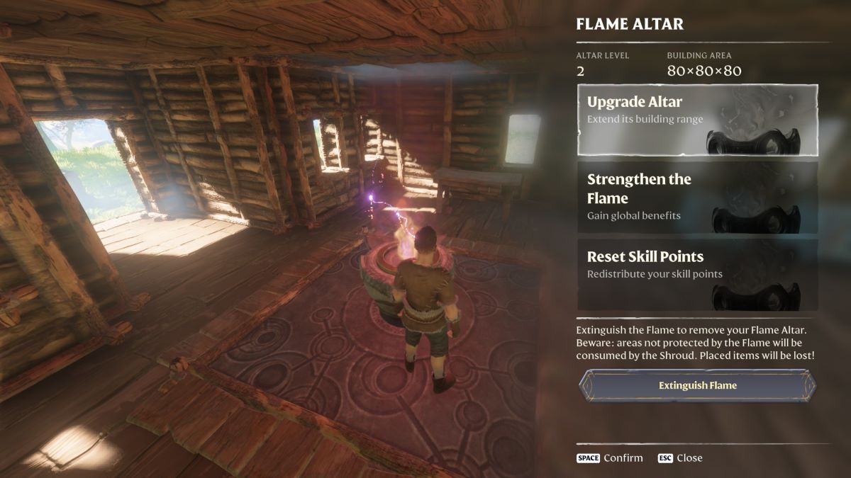 The Flame Alter in Enshrouded, showing its three options: Upgrade, Strengthen the Flame, and Reset Skill Points