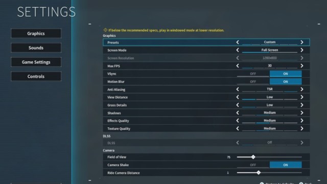 Graphics settings in Palworld.