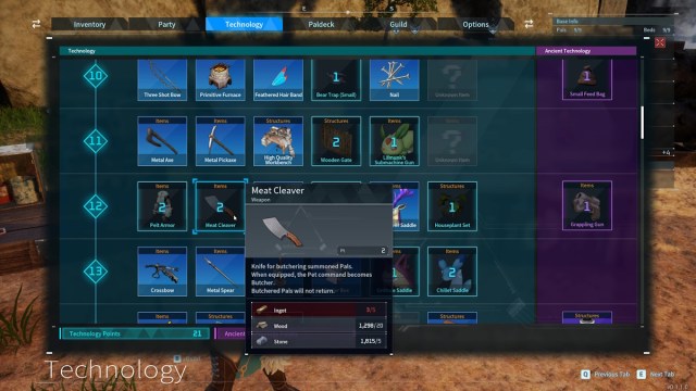 how use the Meat Cleaver to butcher humans in Palworld cleaver in tech tree
