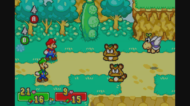 Mario and Luigi: Superstar Saga, the brothers challenging Goombas