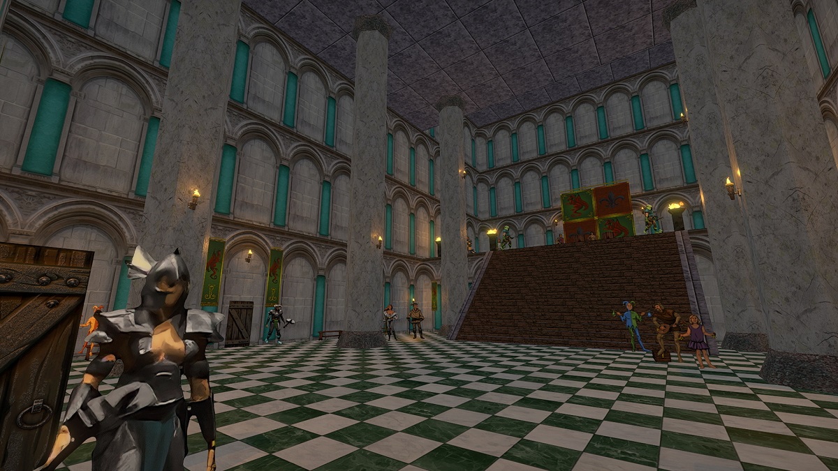 Daggerfall: the inside of a large castle with royalty sat at the top of stone steps.