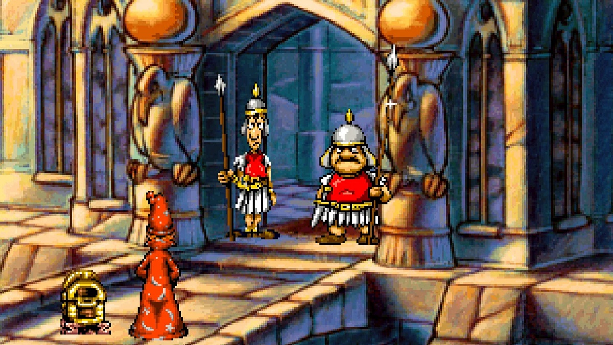 Discworld: two guards stopping Rincewind the Wizard from entering a castle.