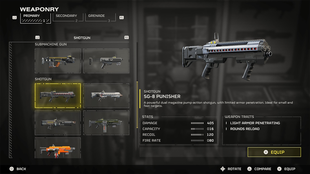 The SG-8 Punisher and its stats, including damage, capacity, and recoil, in Helldivers 2