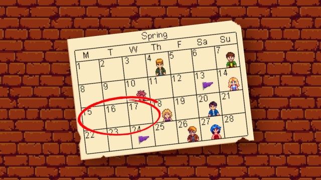 The calendar showing the dates of the Desert Festival in Stardew Valley