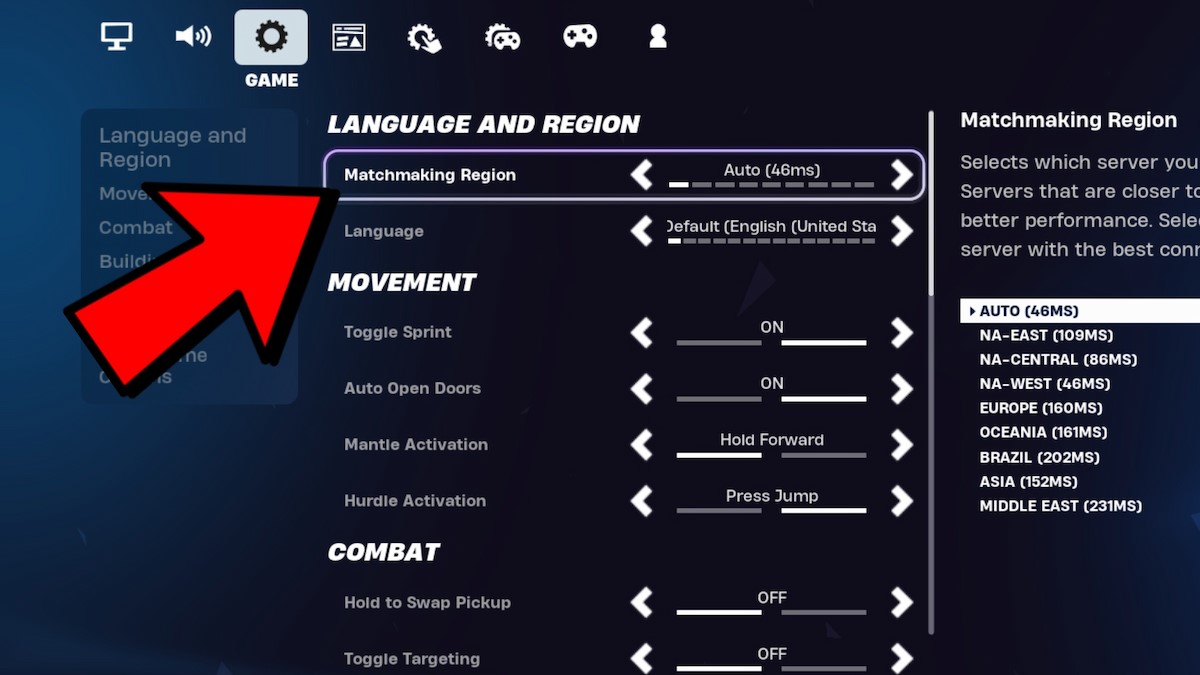 Changing the Matchmaking Region for LEGO Fortnite