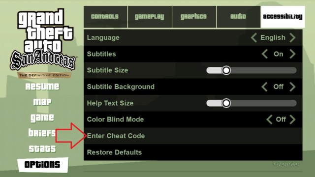 Cheats section in San Andreas mobile