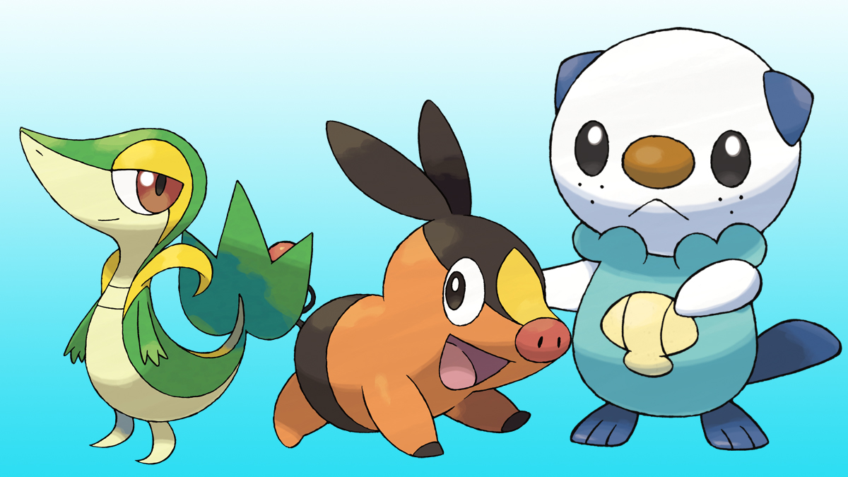 Snivy, Tepig, Oshawott from the Pokemon Black and White games, part of Generation 5