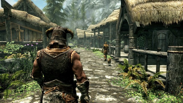 Skyrim: the Dragonborn casually walking through Riverwood.