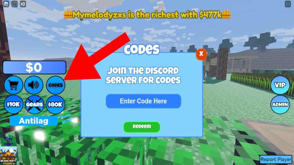 How to redeem codes in 2 Player Minecraft Tycoon.