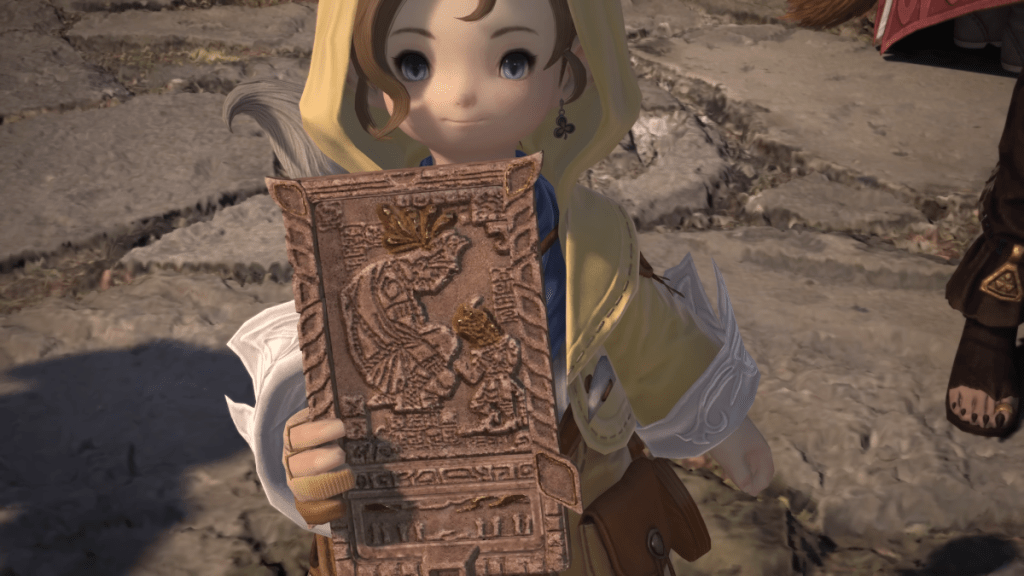 Krile handing something to the WoL in the Final Fantasy XIV: Dawntrail benchmark trailer