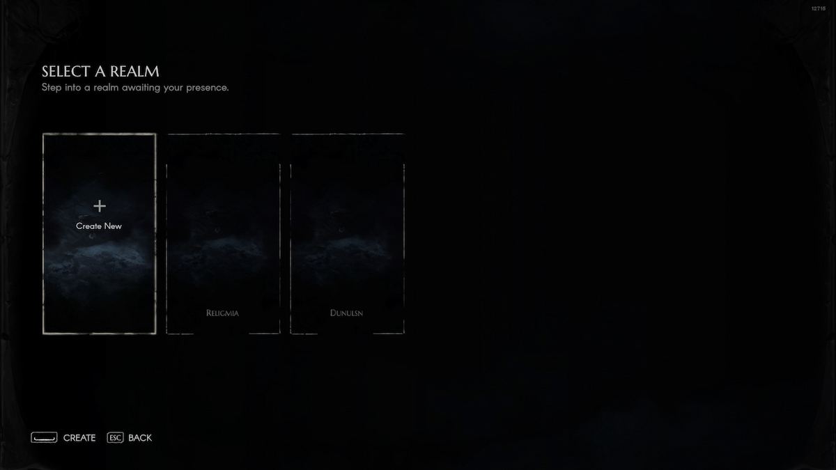 This is the menu UI where you can create a new Realm in No Rest For The Wicked.