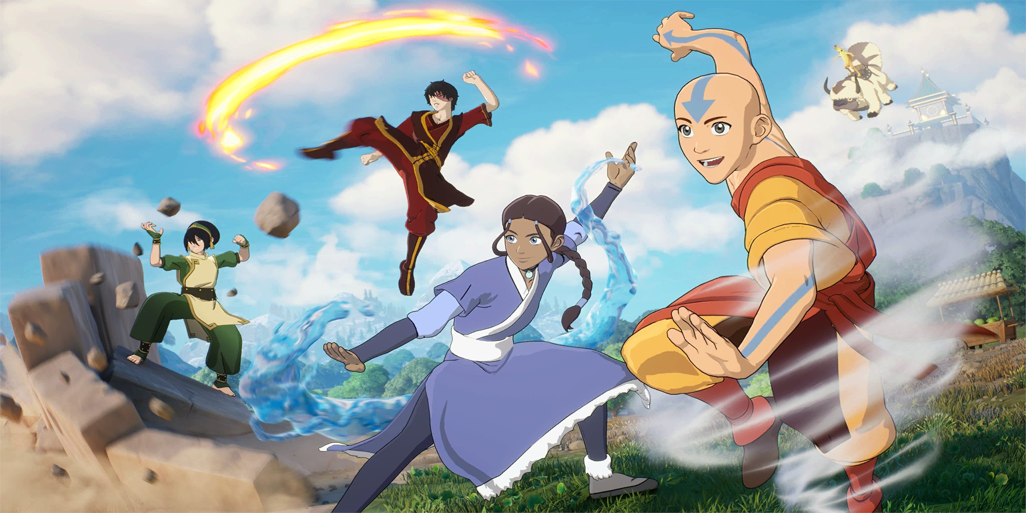 Aang, Katara, Zuko, and Toph using their bending abilities.