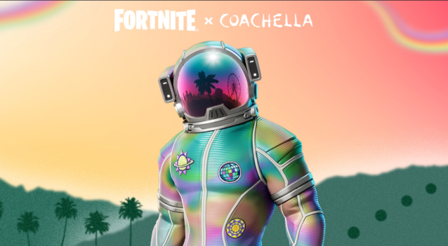 A Spaceman standing in multicolor with the Coachella logo. 