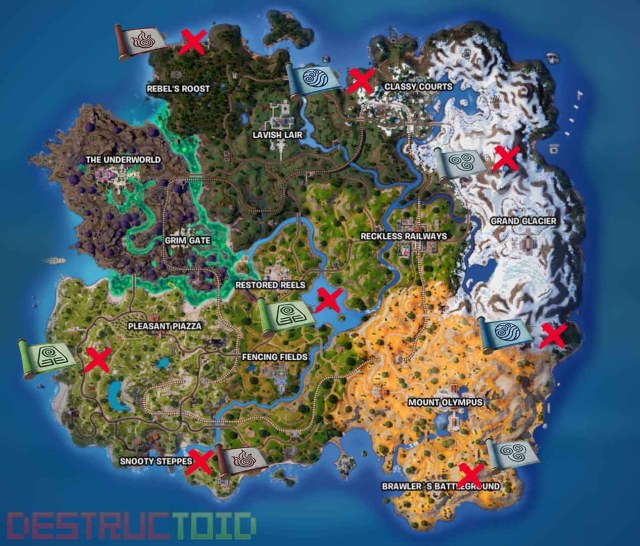 A map of the Fortnite island in Chapter 5, Season 2. Elemental Shrines are marked by a red X, with the bending item beside it. 