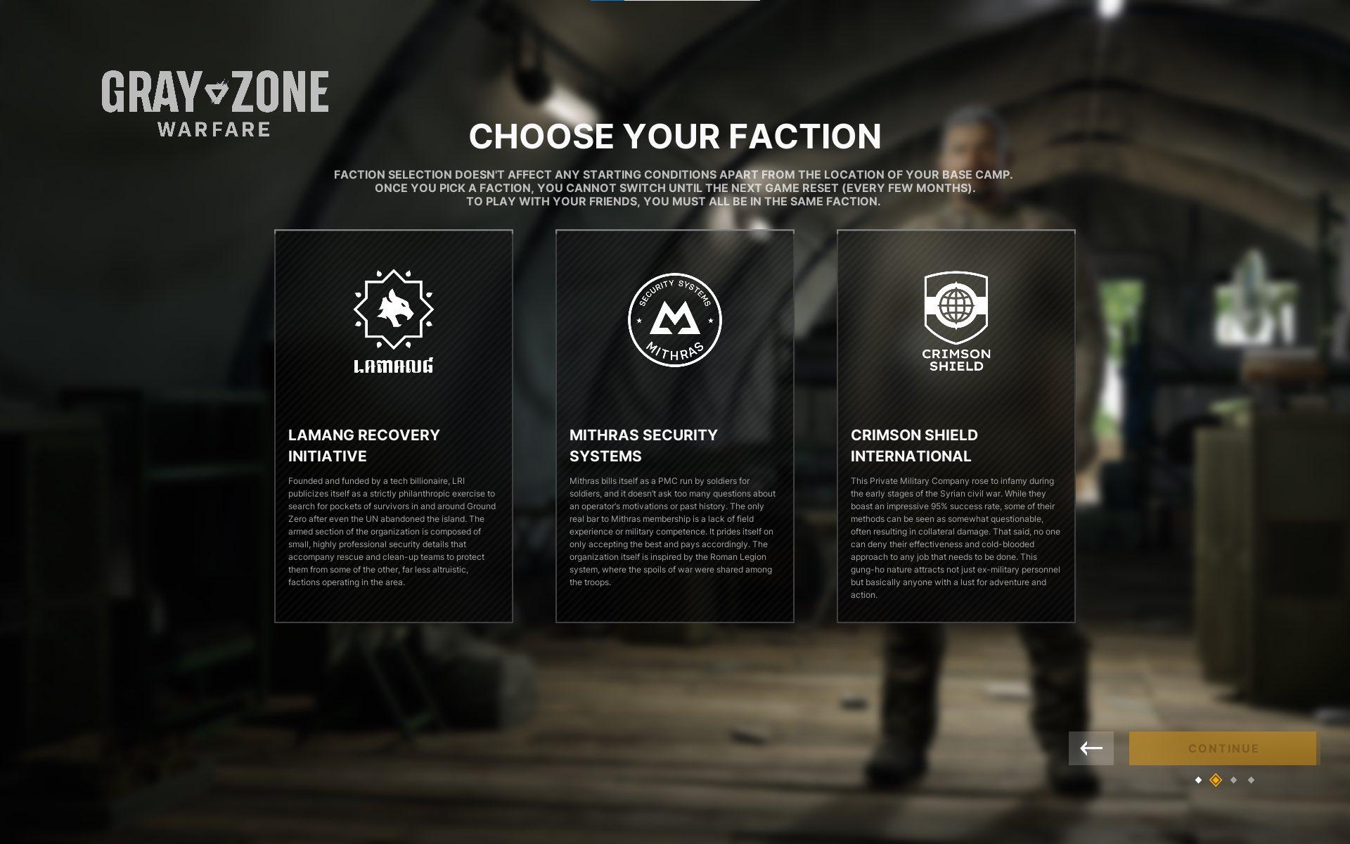 A screenshot showing Gray Zone Warfare's three factions, the Lamang Recovery Initiative, Mithras Security Systems, and Crimson Shield International. 